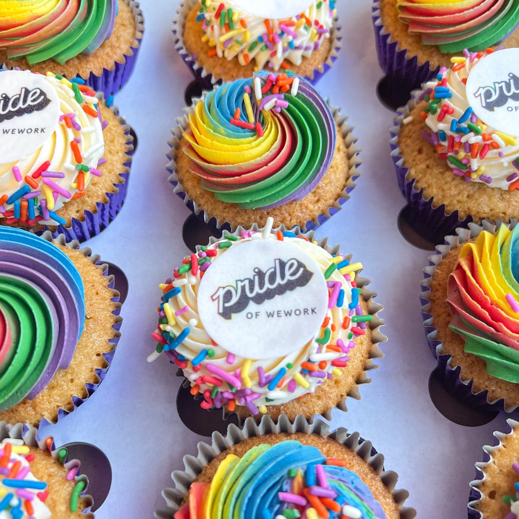rainbow ride cupcakes for corporate events with custom branding